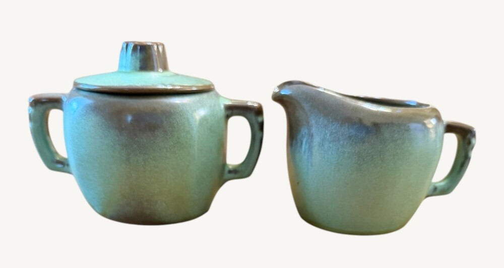 Vintage Frankoma Prairie Green Creamer & Covered Sugar Bowl Set MCM Pottery
